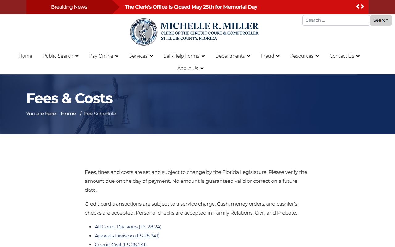 St. Lucie County Clerk of the Circuit Court fee schedule landing page