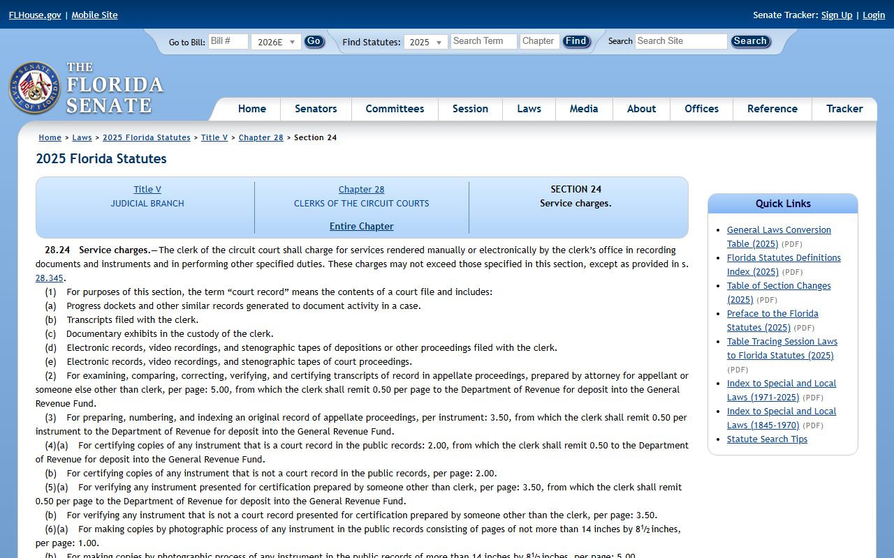 St. Lucie County Clerk of the Circuit Court Florida Statutes section 28.24 fee authority page