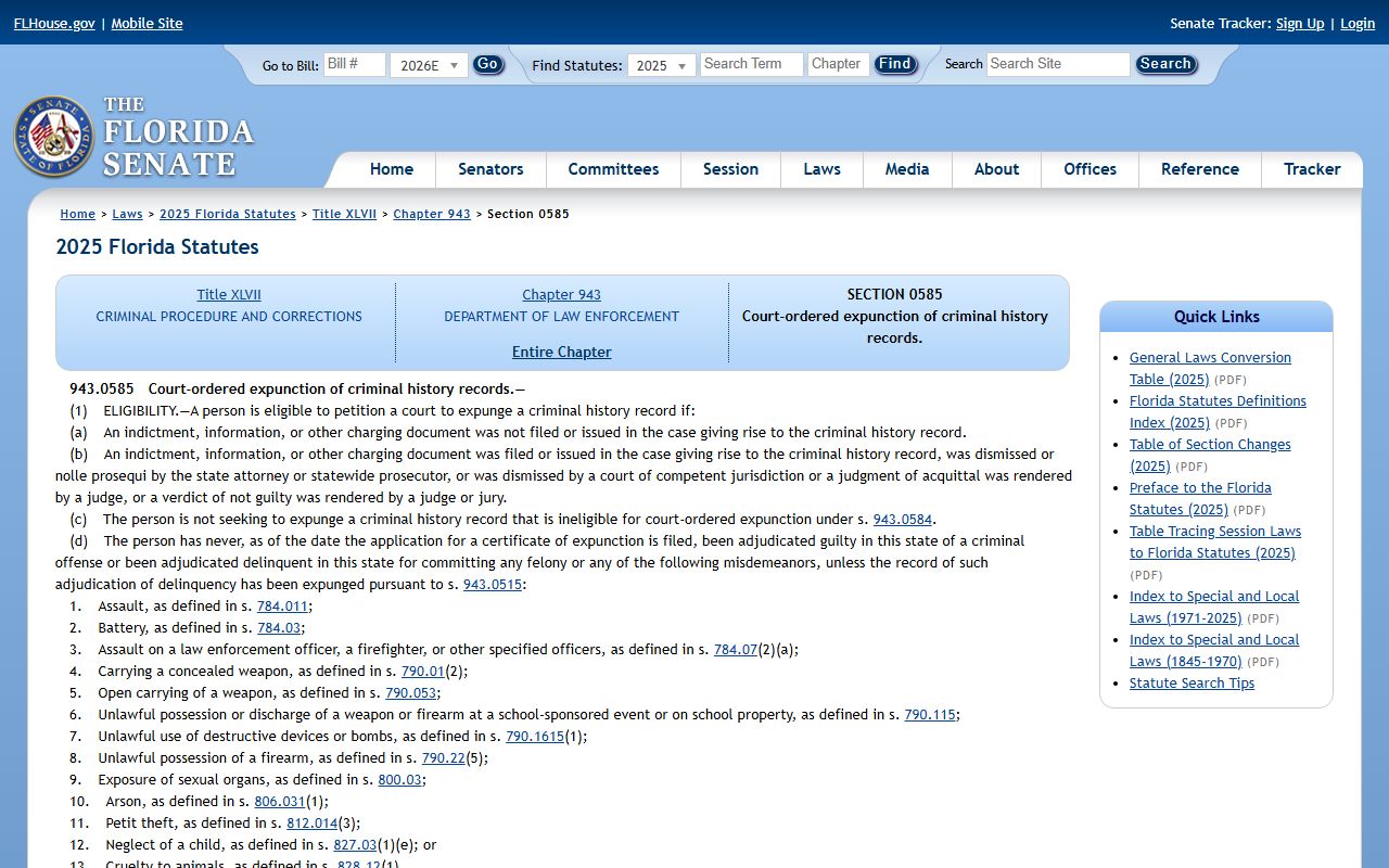 St. Lucie County criminal records - Florida criminal record expunction statute 943.0585 on flsenate.gov