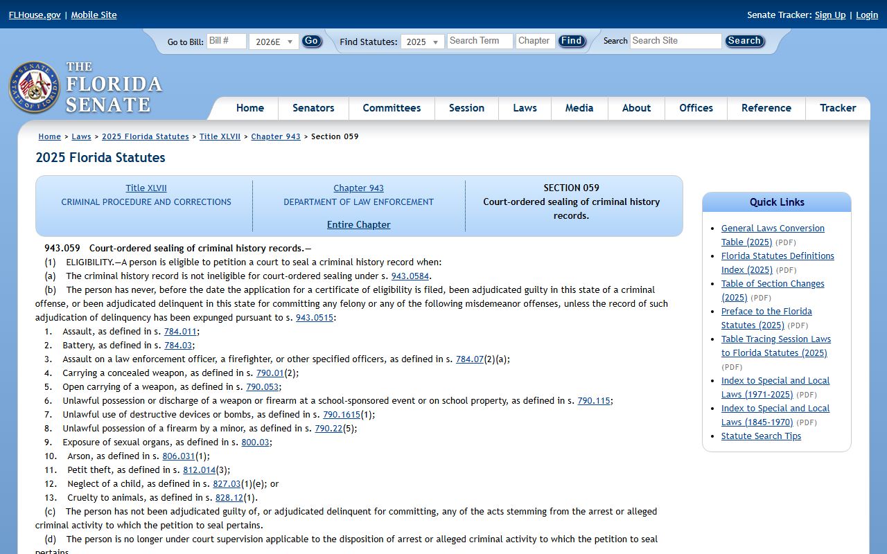 St. Lucie County criminal records - Florida criminal record sealing statute 943.059 on flsenate.gov