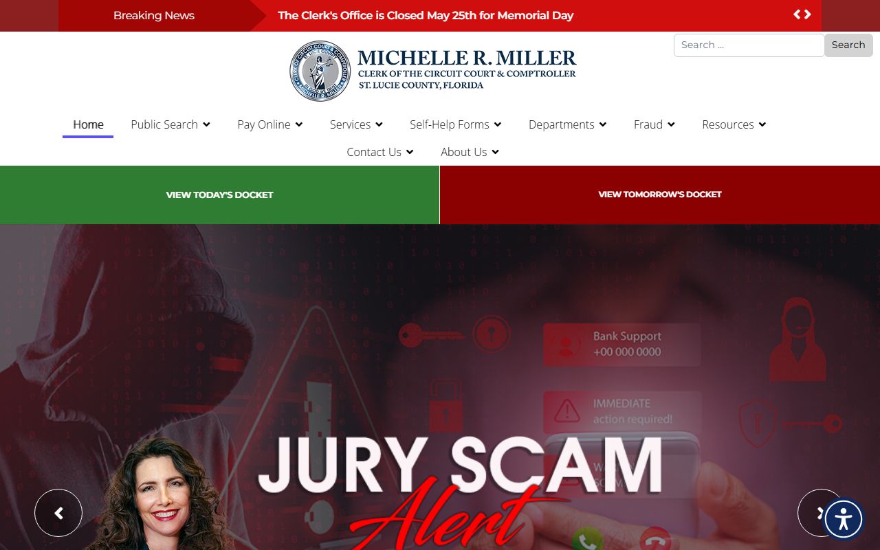 St. Lucie County Clerk of the Circuit Court website with court records navigation