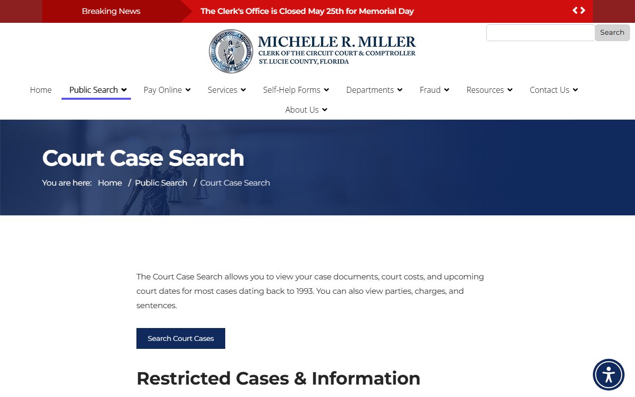 St. Lucie County court records search routing page on Clerk website