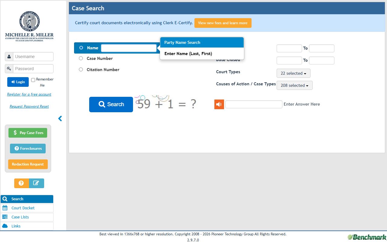 St. Lucie County public Benchmark court case search portal interface