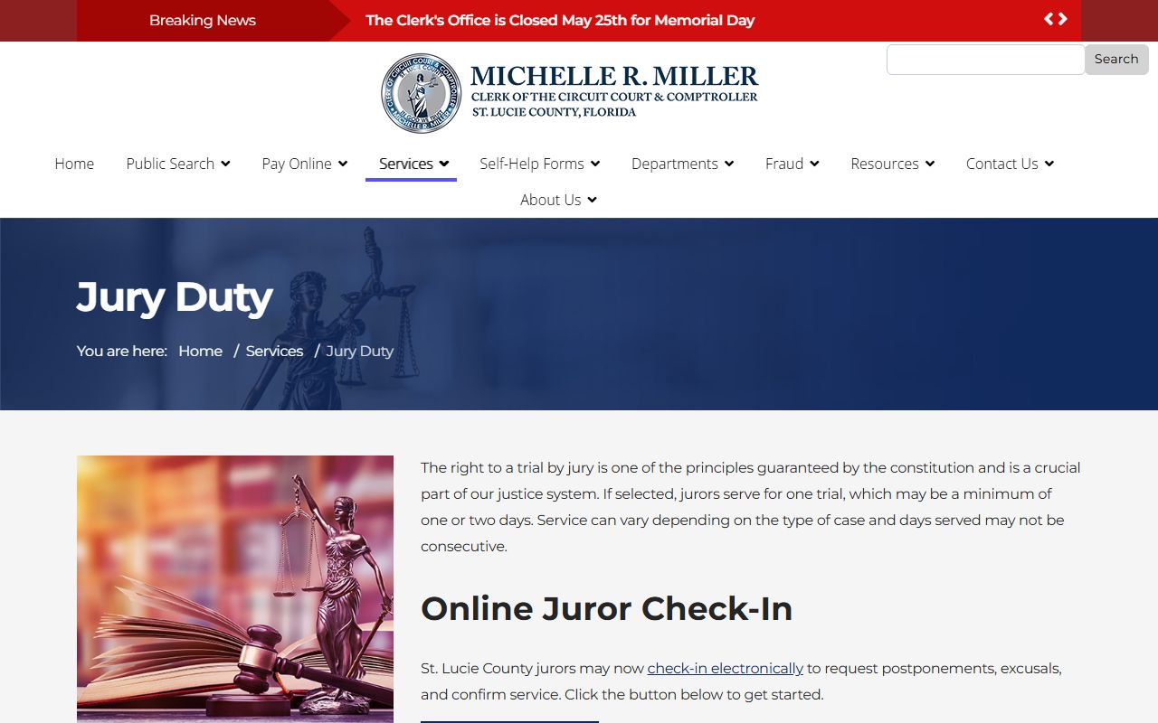 St. Lucie County Clerk jury duty information page showing reporting instructions