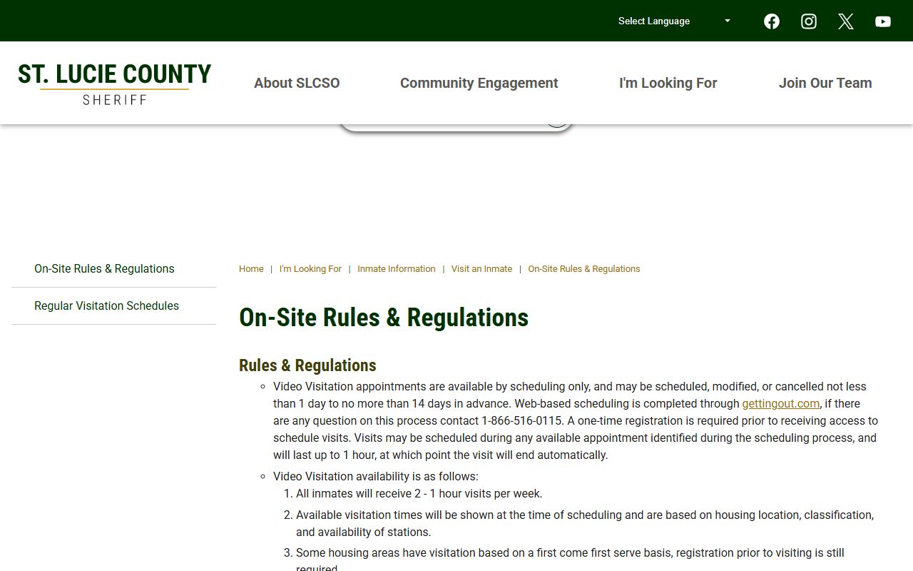 St. Lucie County jail population on-site visitation rules page