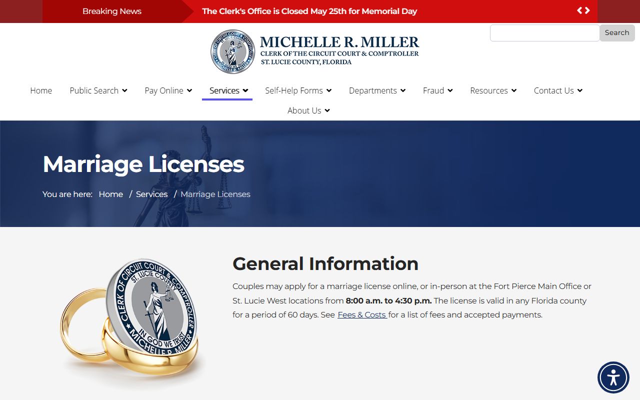 St. Lucie County marriage license requirements and application page
