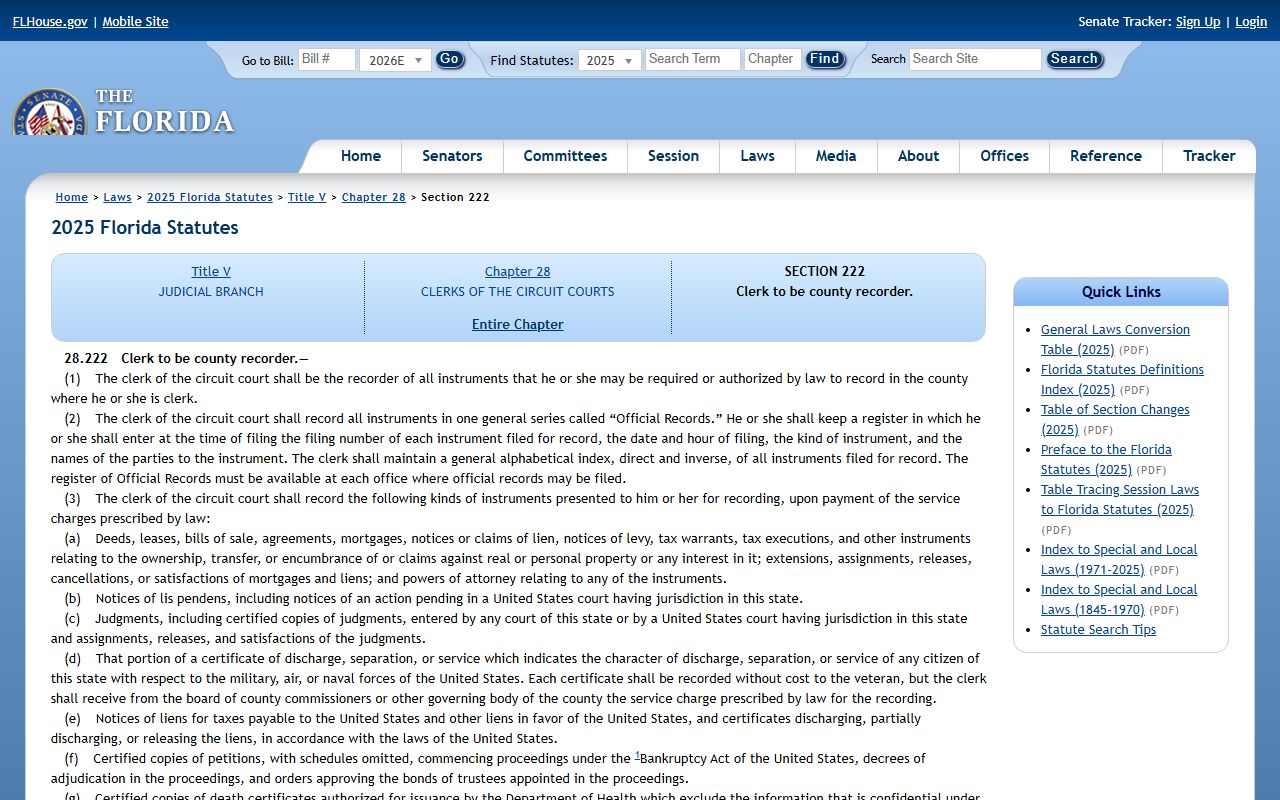 Florida Statutes section 28.222 establishing the St. Lucie County Clerk as county recorder for marriage and divorce records