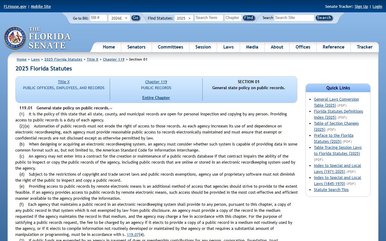 St. Lucie County public records Florida Statutes Section 119.01 policy