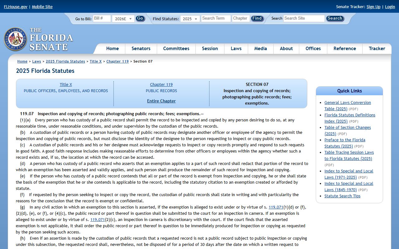 St. Lucie County public records inspection and copying Section 119.07