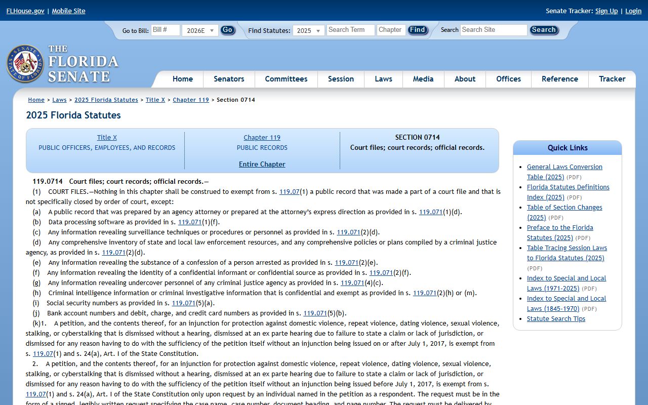 St. Lucie County public records Section 119.0714 court files