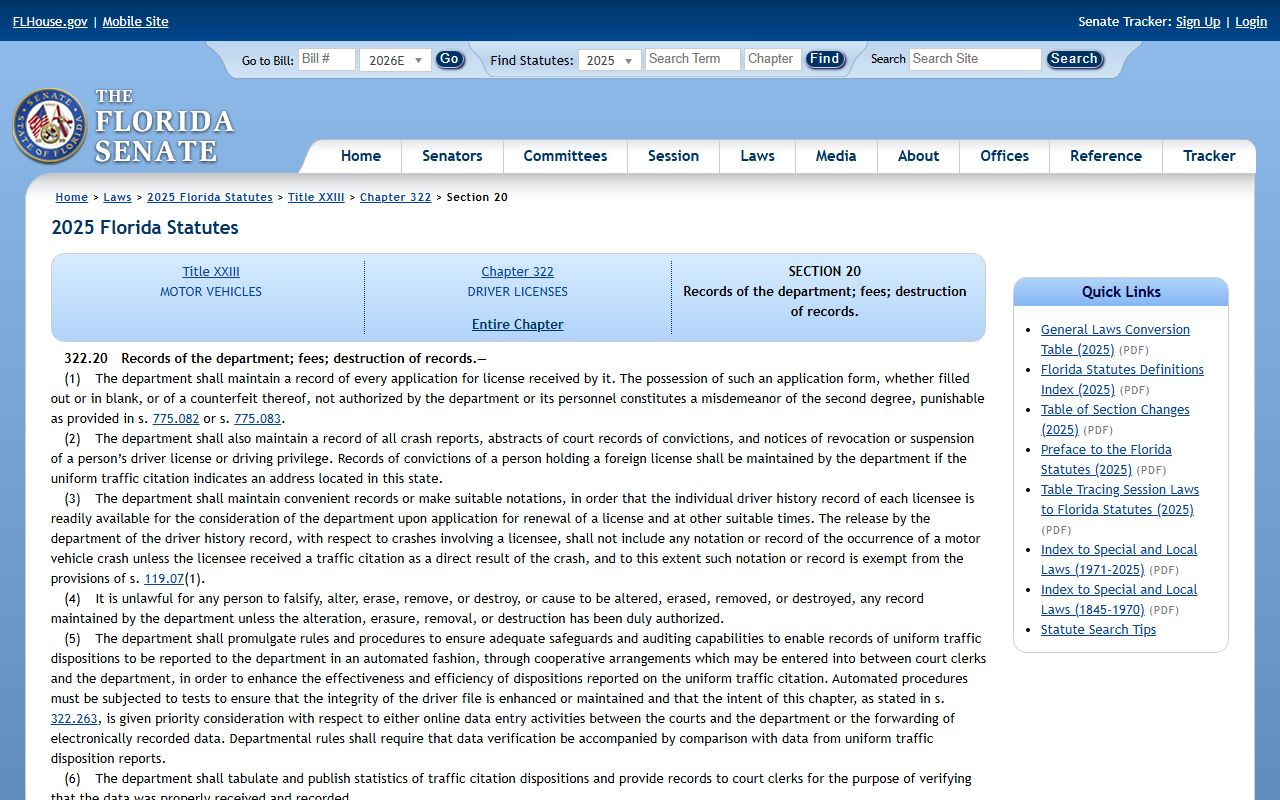 St. Lucie County traffic court records - Florida Statutes section 322.20 driver records page
