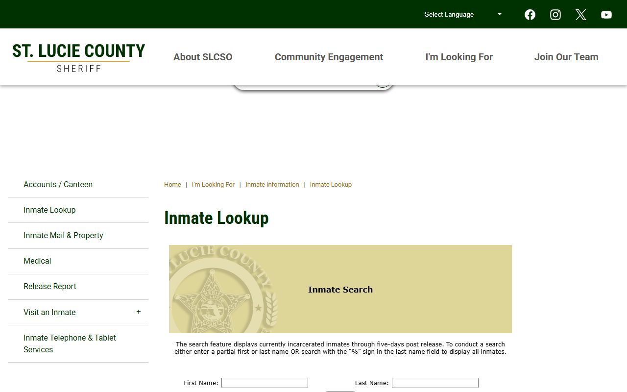 St. Lucie County warrant records - Sheriff inmate lookup landing page